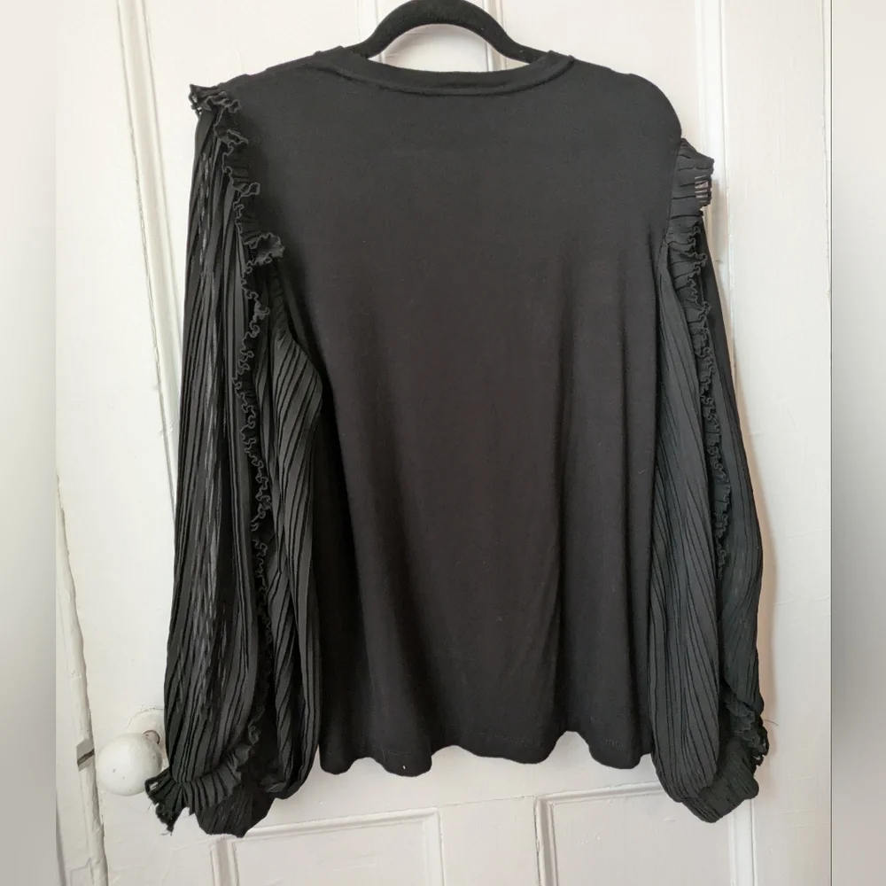 Elie Tahari Black Ruffled Top with Sheer Balloon Sleeves - Size L